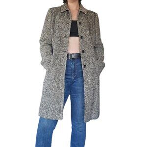 Vintage Ann Taylor Black White Herringbone Tweed Wool Blend Coat Women's Size 14